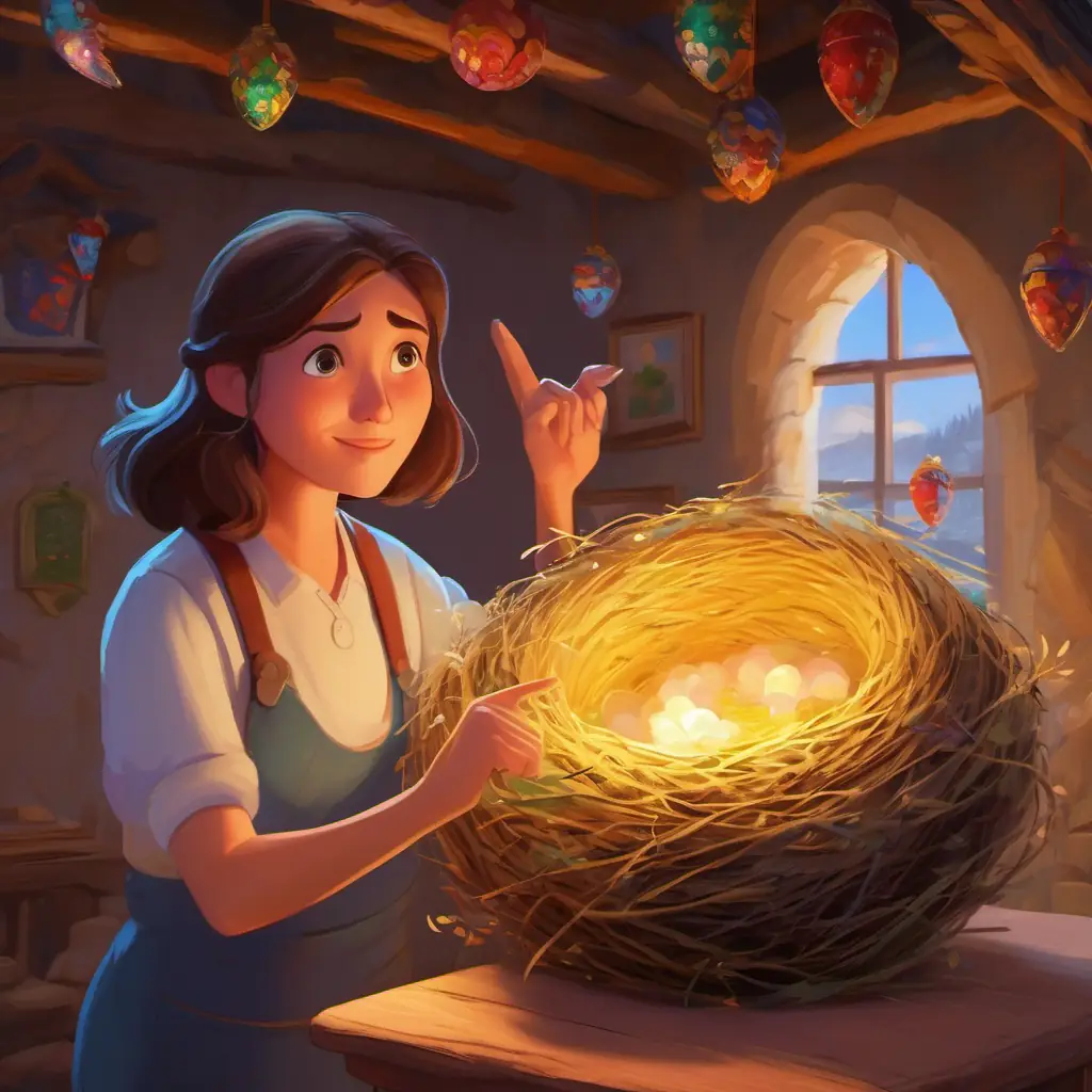 Mamma pointing at a decorated nest, telling about gift-giving