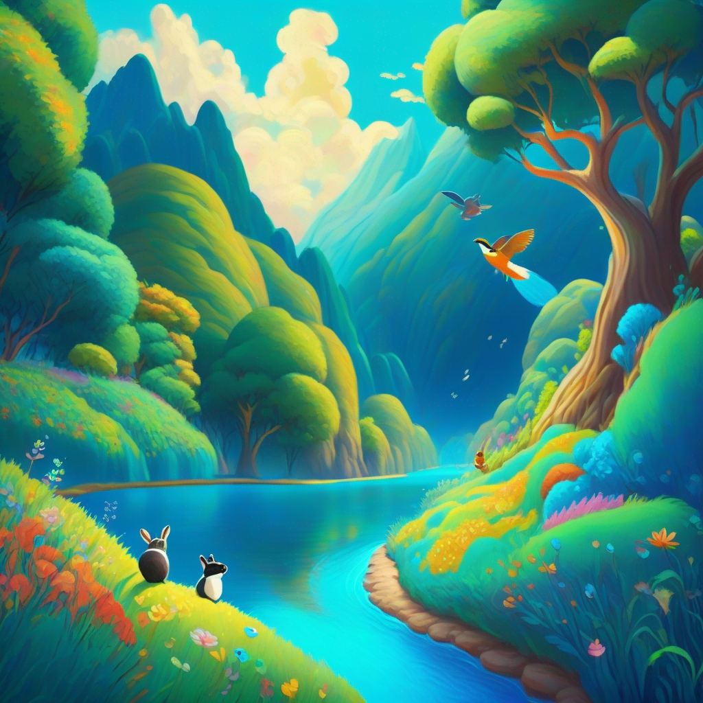 Earth being beautiful and colorful, with happy animals and blue rivers.