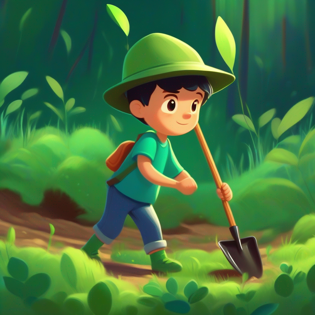 A little boy with a green hat, blue shirt, and a planting shovel. planting trees, cleaning up litter, and turning off lights.