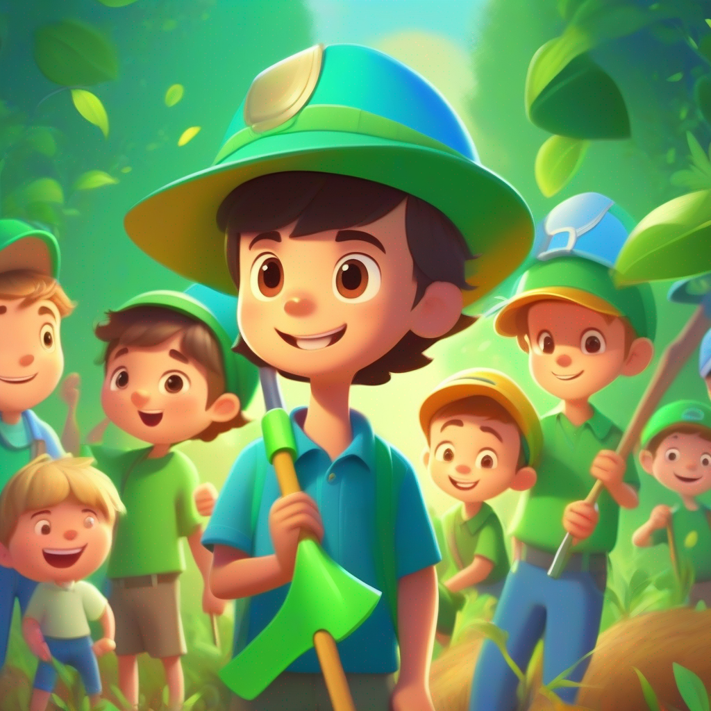 A little boy with a green hat, blue shirt, and a planting shovel. and his friends forming a group, teaching others about recycling and conservation.