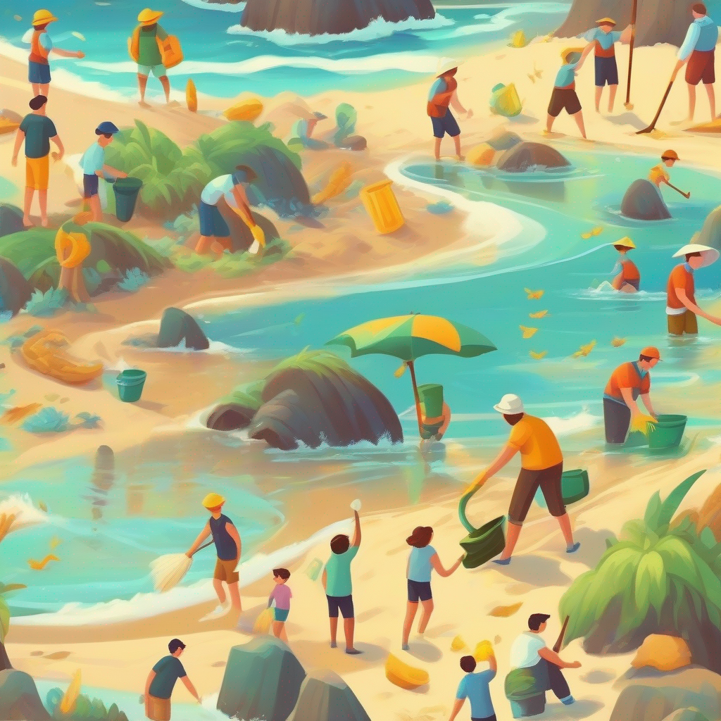 People cleaning beaches, protecting wildlife, and conserving resources.
