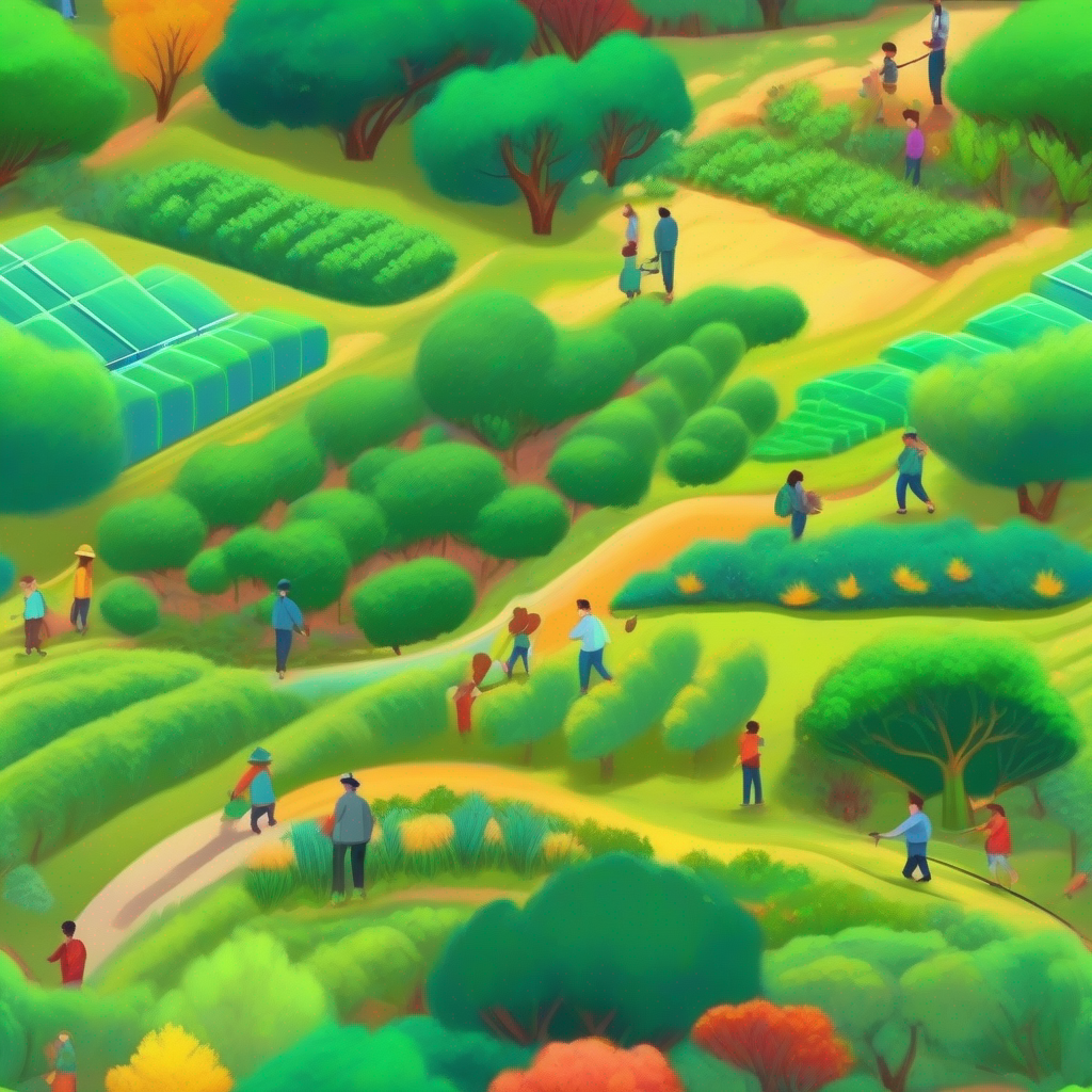 People using clean energy, planting gardens, and reducing pollution on Earth.
