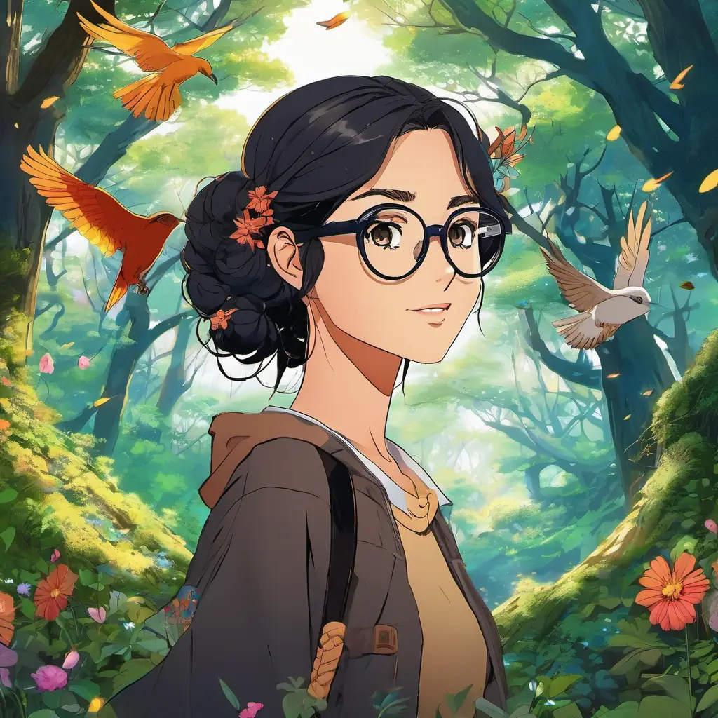 The enchanted forest is filled with tall, ancient trees, vibrant flowers, and singing birds. Garota de cabelos pretos, óculos e olhos castanhos (Girl with black hair, glasses, and brown eyes), with her black hair and brown eyes, eagerly follows the path wearing her glasses to see every detail clearly.