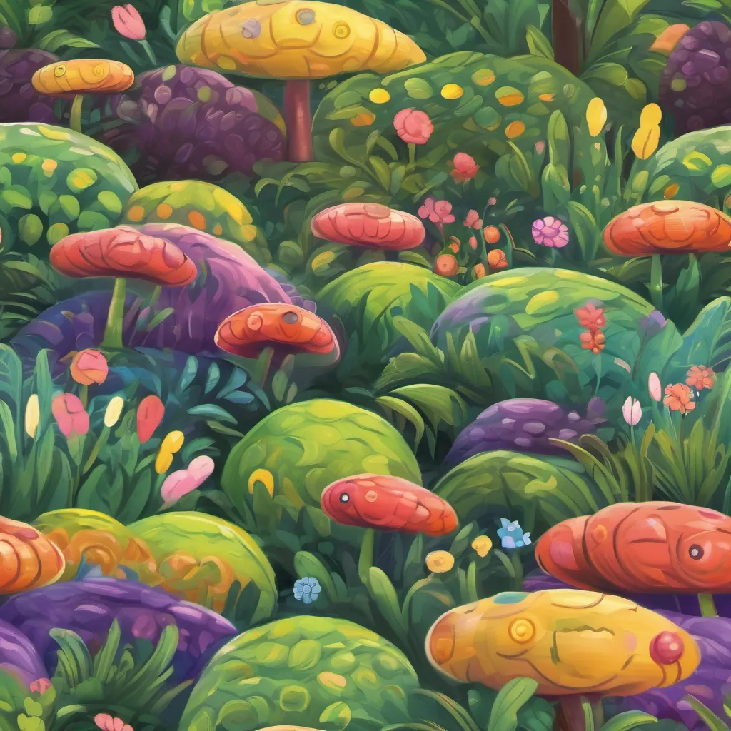 Vibrant and colorful illustration of a cheerful worm named A cheerful, wiggly worm always ready for fun and adventure wiggling in a small town garden