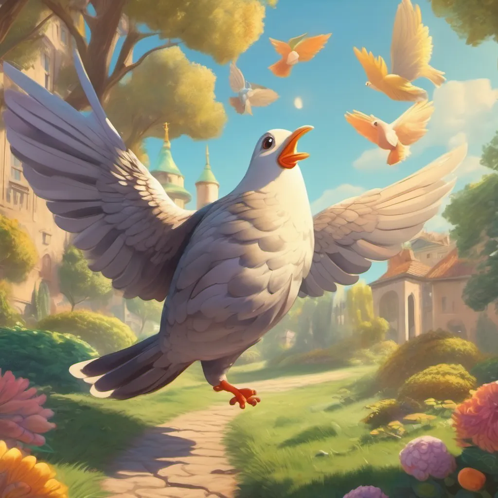 A jolly worm wiggling towards a lively pigeon with outstretched wings under a bright sun