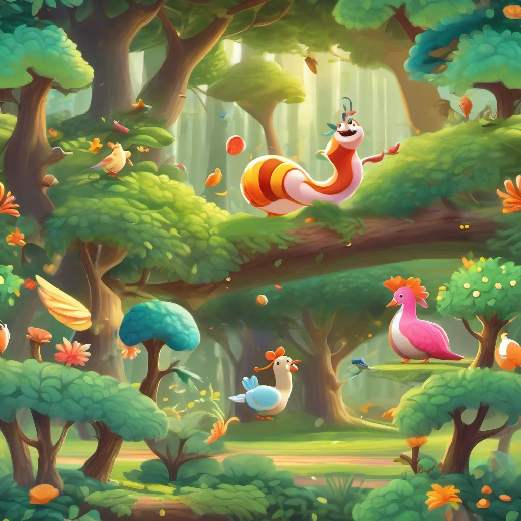 A cheerful, wiggly worm always ready for fun and adventure and A perky pigeon with a spirited personality and a love for dancing dancing along with the tree and forest creatures, rejoicing in the magical event