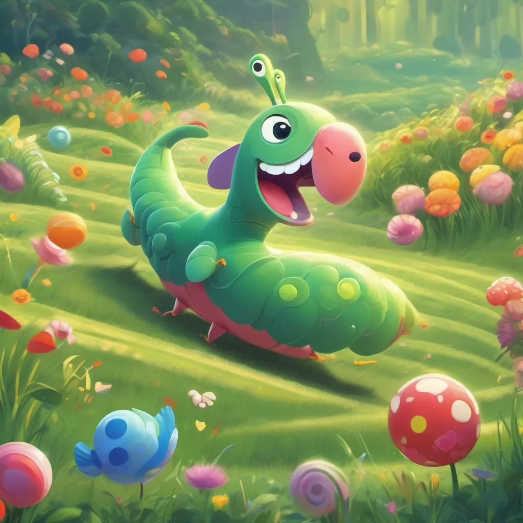 A cheerful, wiggly worm always ready for fun and adventure and A perky pigeon with a spirited personality and a love for dancing dancing joyfully in a grassy field spinning in circles