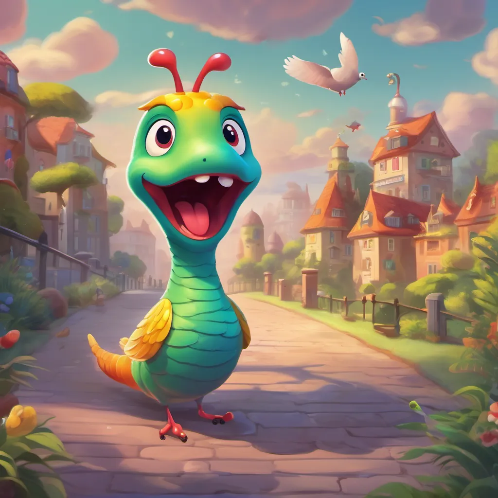 Surprised A cheerful, wiggly worm always ready for fun and adventure and A perky pigeon with a spirited personality and a love for dancing looking around curiously after hearing a booming sound