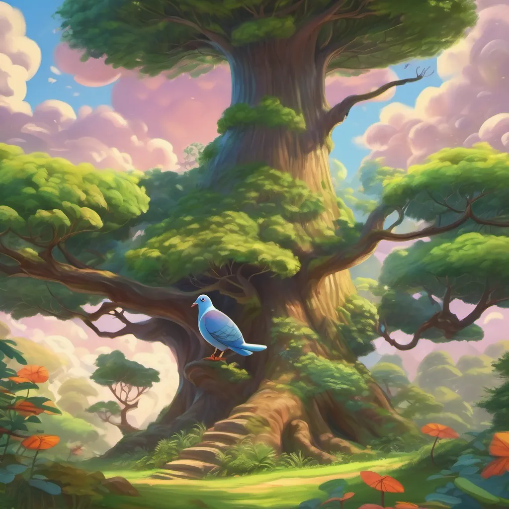 A grand tree in the middle of a forest with A perky pigeon with a spirited personality and a love for dancing and A cheerful, wiggly worm always ready for fun and adventure looking up in awe