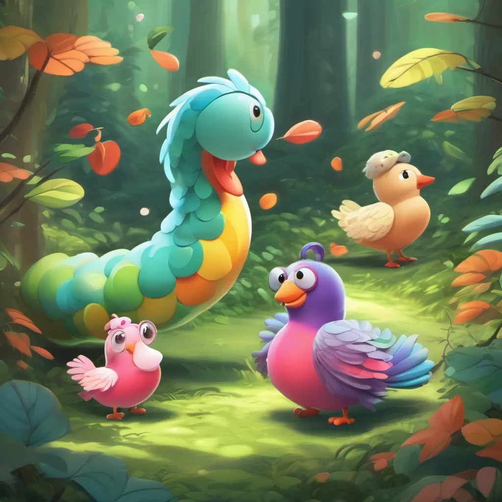 A cheerful, wiggly worm always ready for fun and adventure the worm and A perky pigeon with a spirited personality and a love for dancing the pigeon excitedly navigating through the forest towards the sound