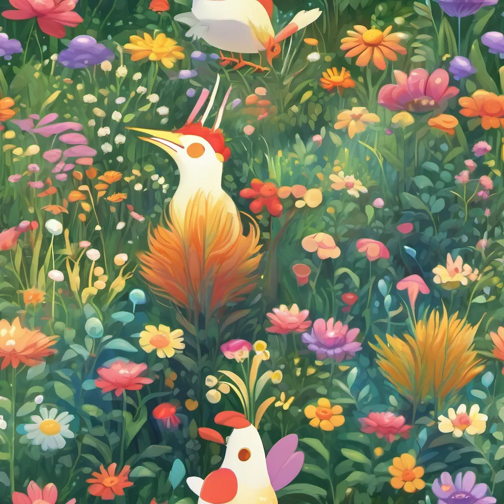 A meadow filled with singing plants and swaying flowers, with A cheerful, wiggly worm always ready for fun and adventure and A perky pigeon with a spirited personality and a love for dancing in the foreground
