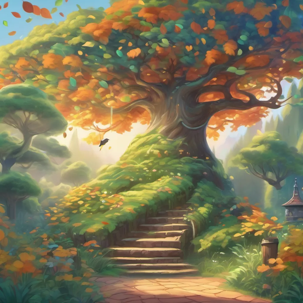 The towering tree with rustling leaves and a welcoming aura, seen by A cheerful, wiggly worm always ready for fun and adventure and A perky pigeon with a spirited personality and a love for dancing