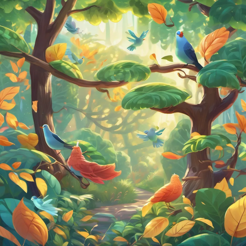 Leaves and branches dancing in unison, creating sounds that form a magical rhythm, with A cheerful, wiggly worm always ready for fun and adventure and A perky pigeon with a spirited personality and a love for dancing marveling