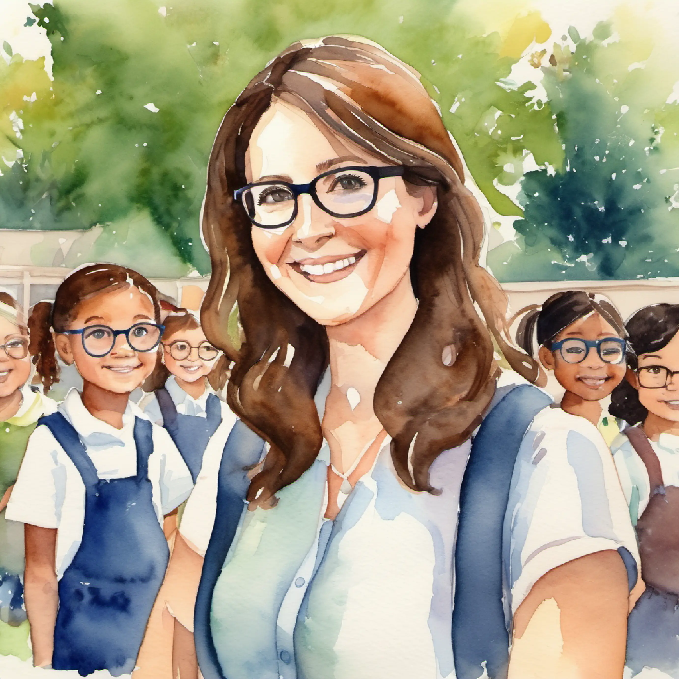 Kind teacher, brown hair, glasses, gentle smile addressing her class outside on the schoolyard.