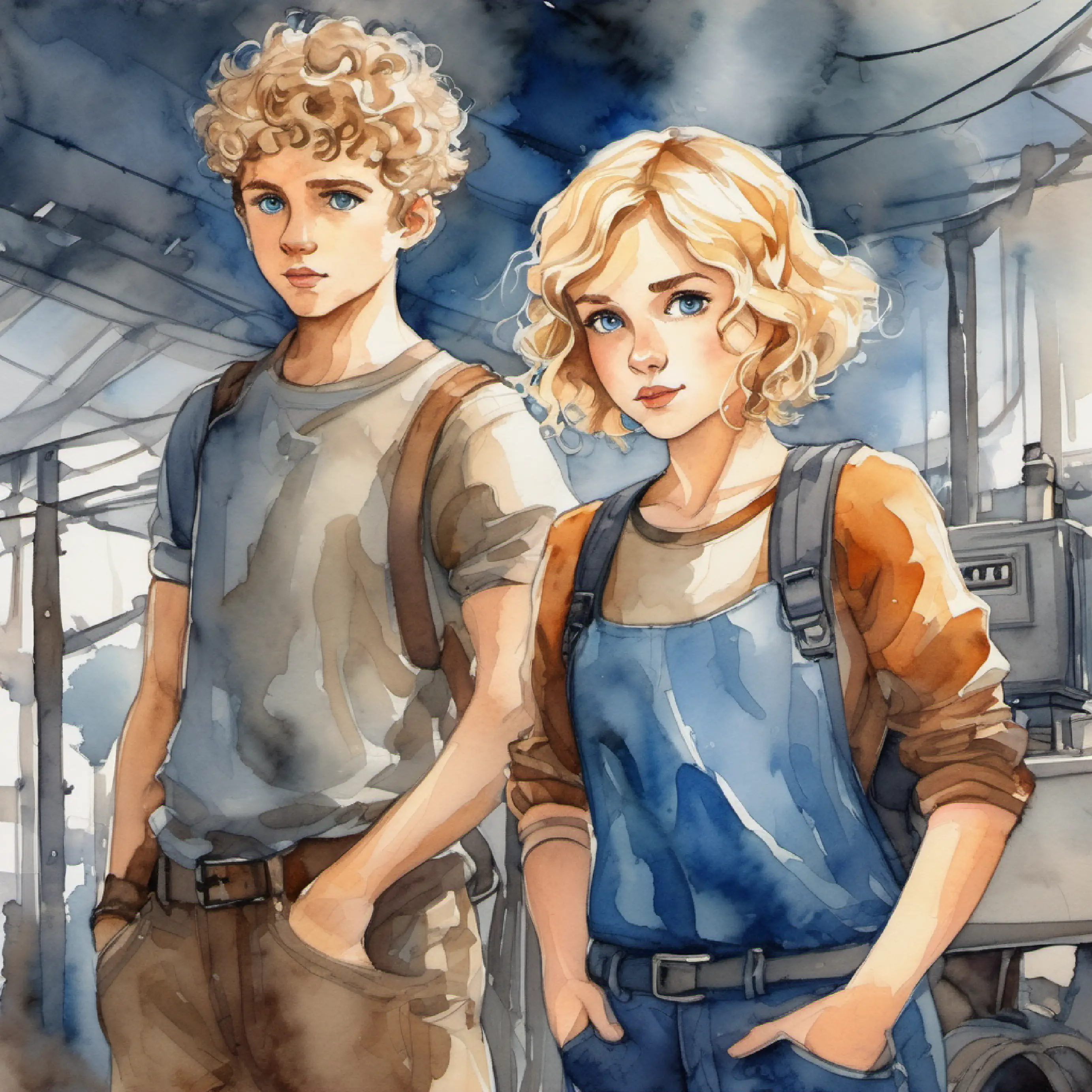 Energetic girl, short blonde hair, blue eyes, determined and Thoughtful boy, curly brown hair, brown eyes, ready to act standing determined before the equipment chaos.