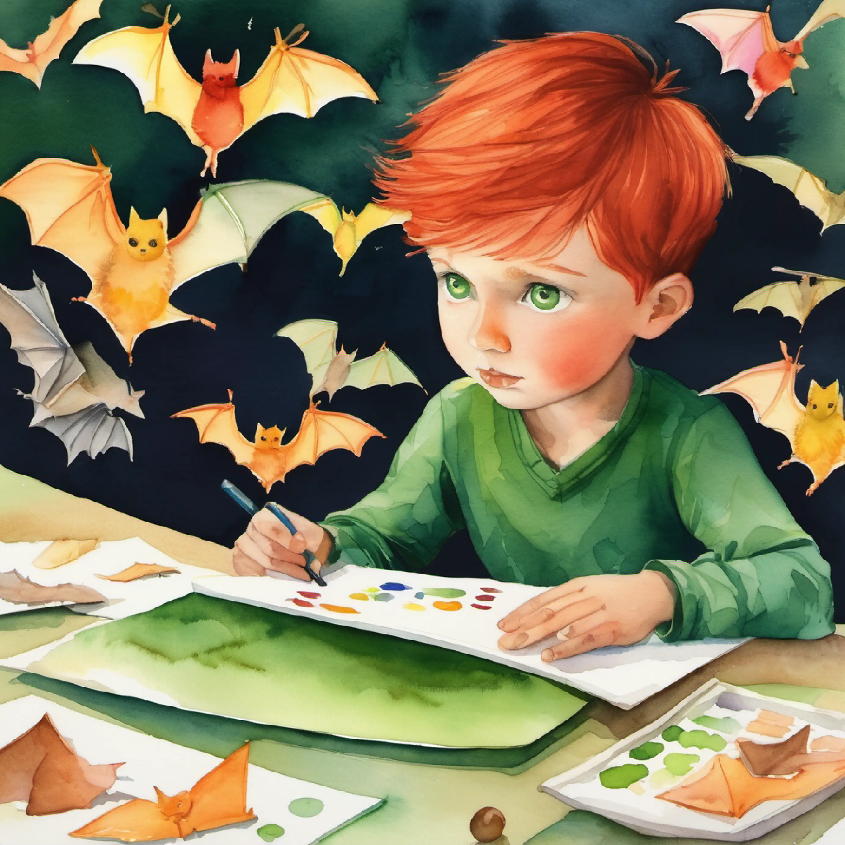 Focused boy, red hair, green eyes, counting earnestly and others counting and matching bats with bases.