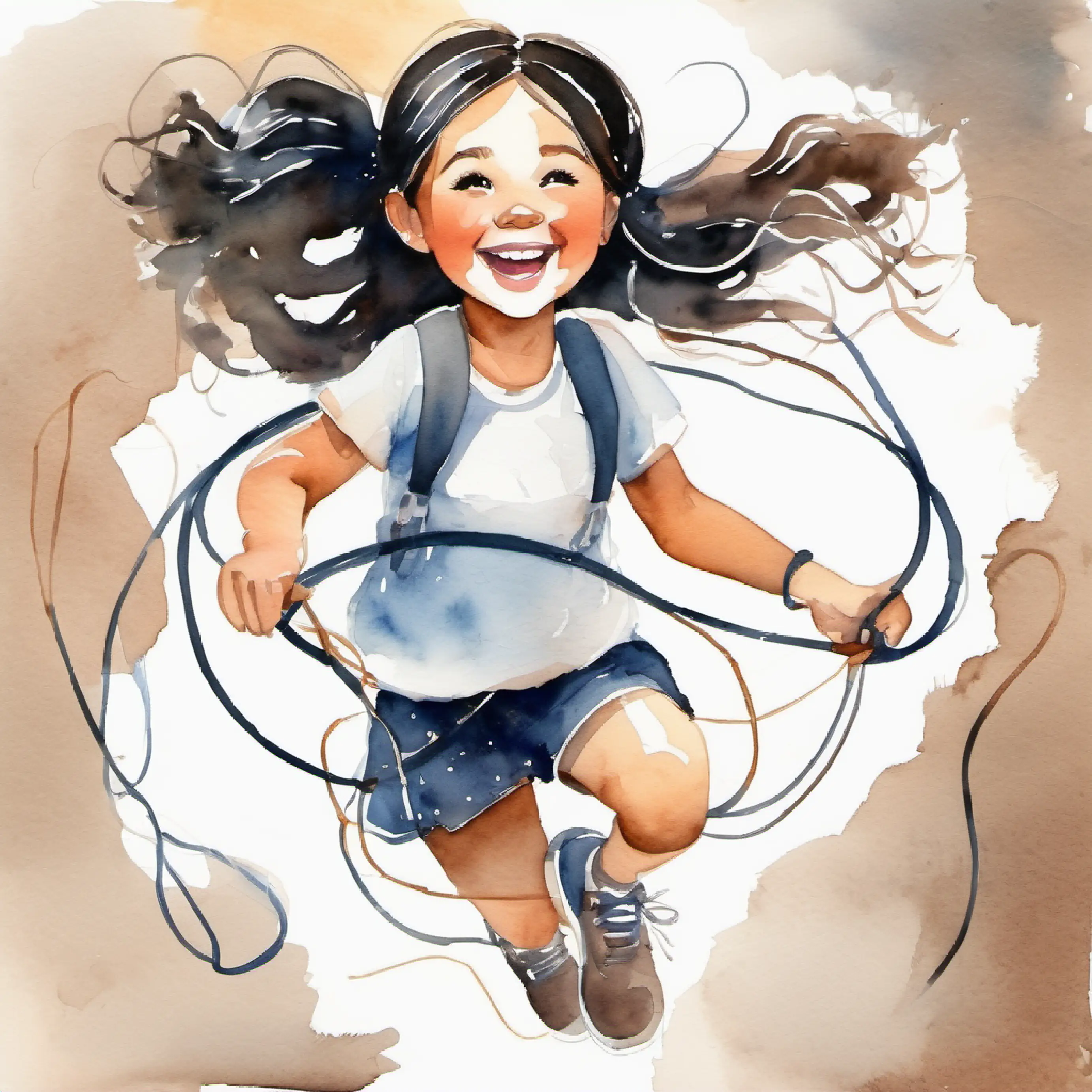 Creative girl, black hair in pigtails, laughing and Joyful girl, long brown hair, freckles, smiling wide untangling skipping ropes and hoops.