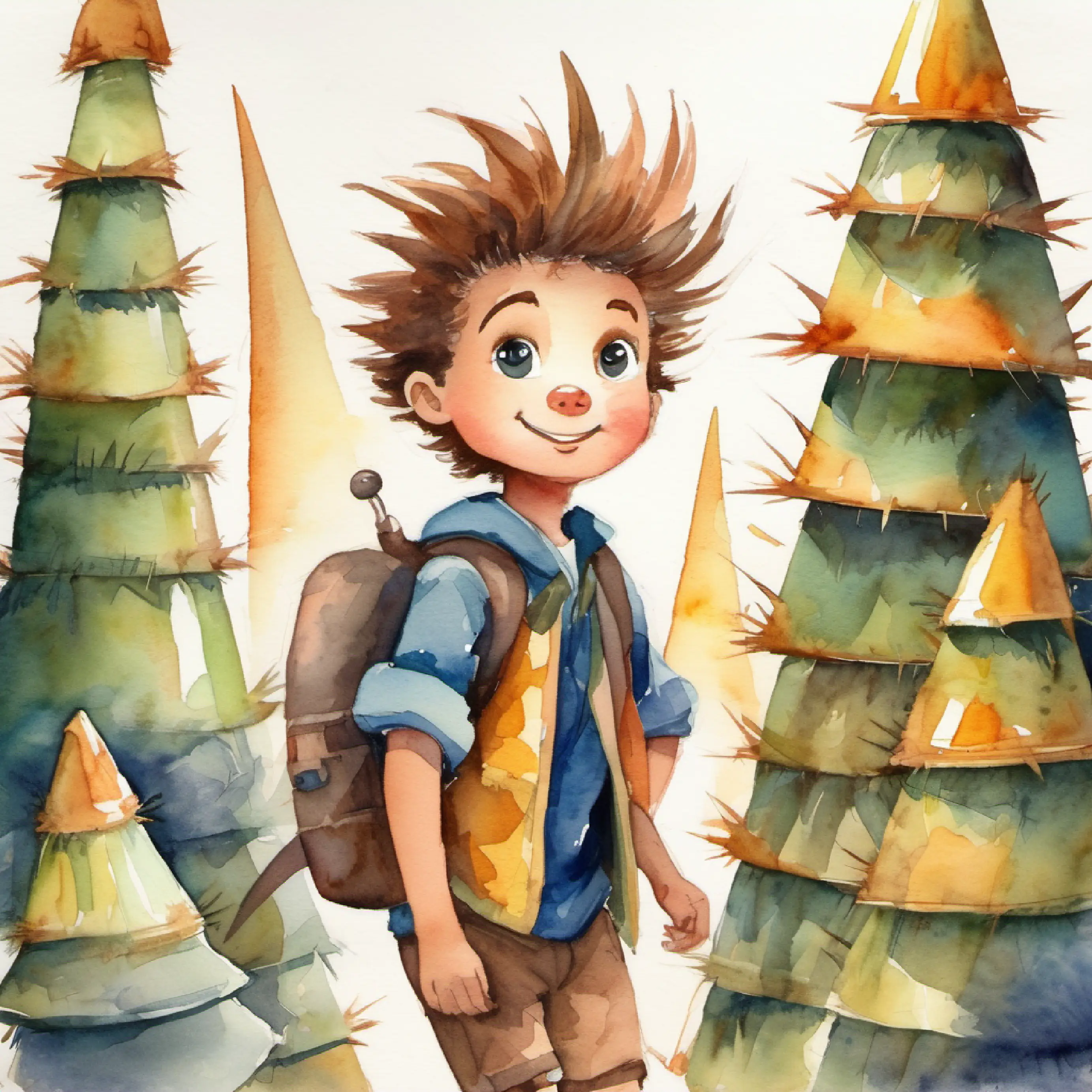 Adventurous boy, spiky hair, wide-eyed with discovery discovering batons beneath cones.