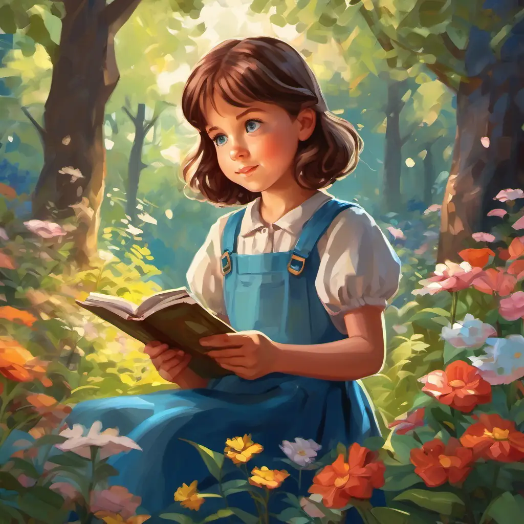 Little girl with brown hair and blue eyes holding a shiny plastic bottle and reading a note, surrounded by flowers and trees.
