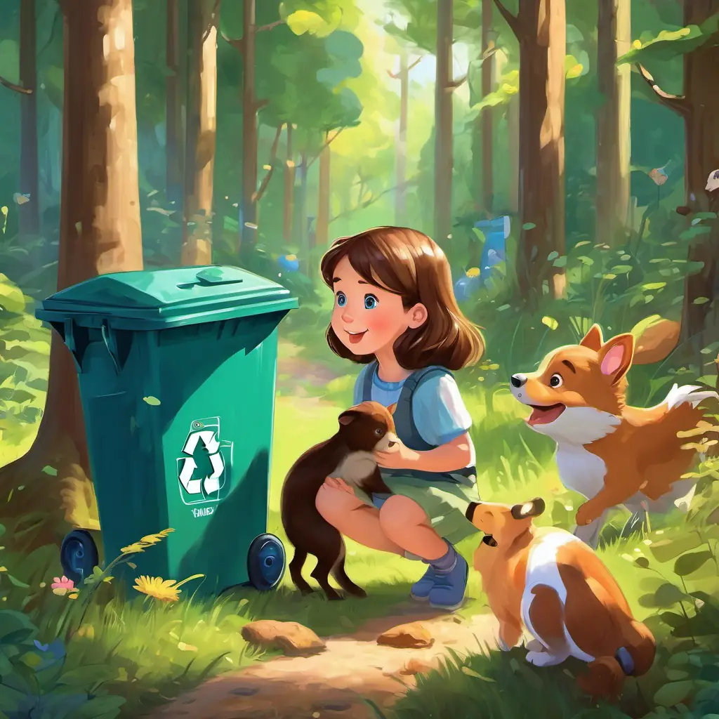 Little girl with brown hair and blue eyes talking to animals in the forest, finding a recycling bin and putting the bottle inside, with happy animal friends around.