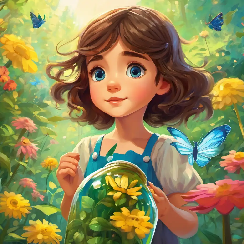 The bottle transforming into a colorful flower, Little girl with brown hair and blue eyes and Tiny fairy with green wings and a yellow dress watching it with amazed expressions.