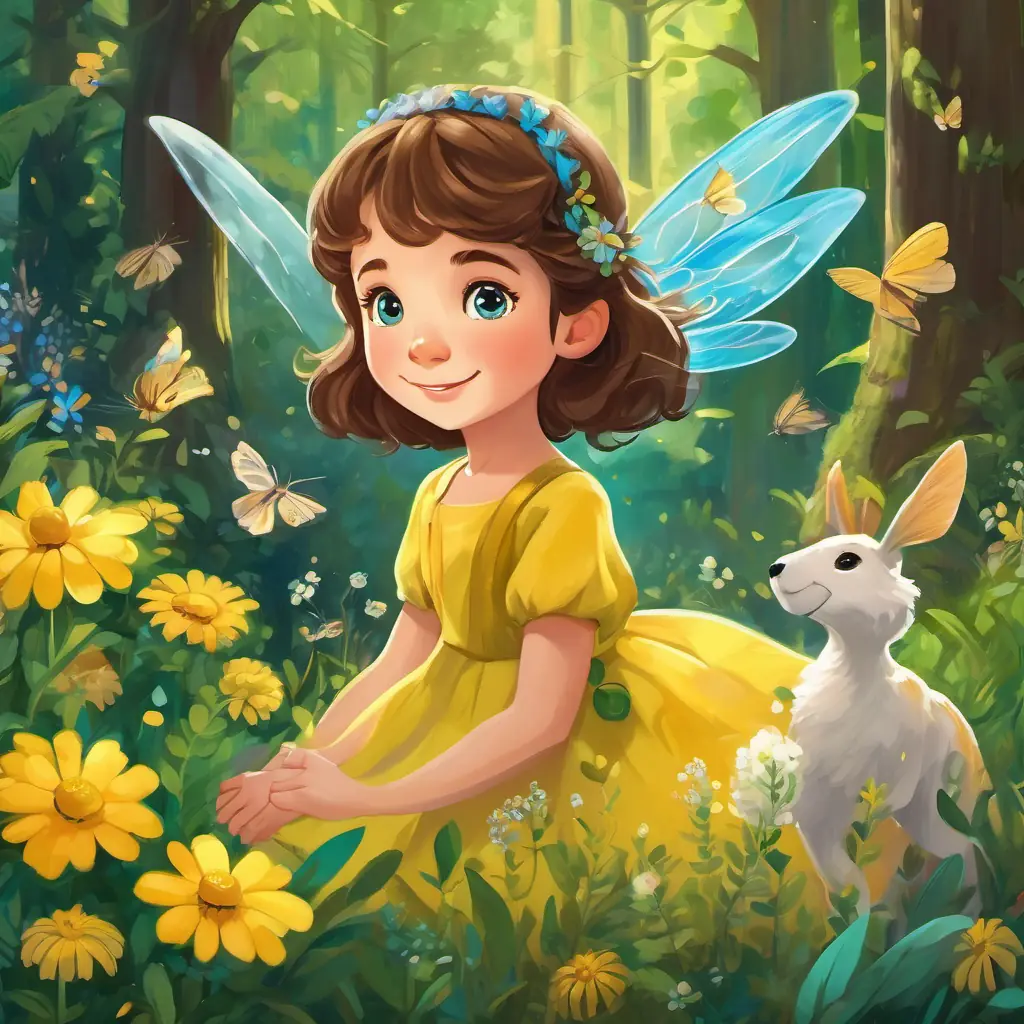 Little girl with brown hair and blue eyes and Tiny fairy with green wings and a yellow dress holding hands, smiling and surrounded by happy animals, trees, and flowers in the forest.