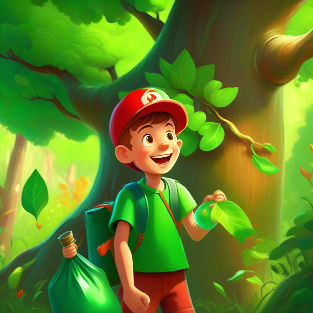 Young boy with red cap, green shirt, holding a recycling bag meets the talking tree, green colors, happy expression