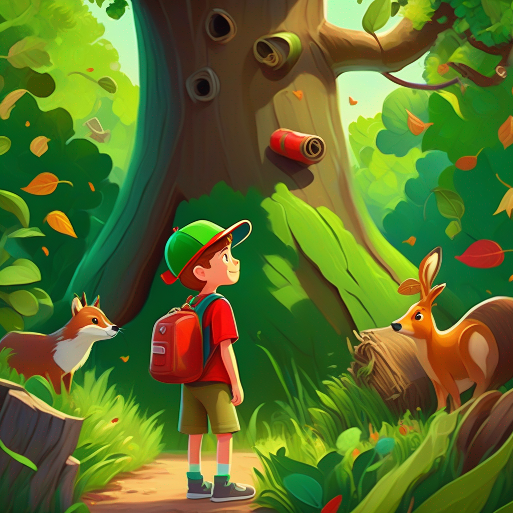 Young boy with red cap, green shirt, holding a recycling bag and Talking tree with a friendly face, brown trunk, green leaves talking, colorful plants and animals surrounding them