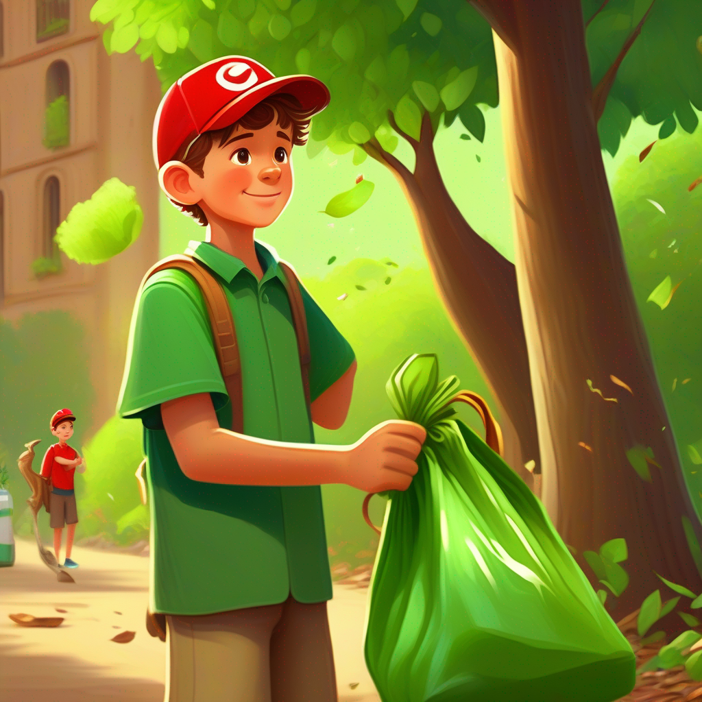 Young boy with red cap, green shirt, holding a recycling bag and Talking tree with a friendly face, brown trunk, green leaves making posters, people joining them to clean up