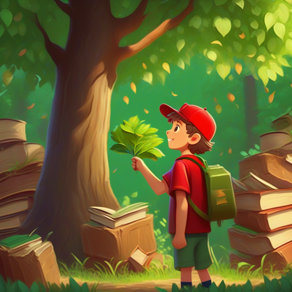 Young boy with red cap, green shirt, holding a recycling bag and Talking tree with a friendly face, brown trunk, green leaves sitting under the tree, surrounded by books and plants