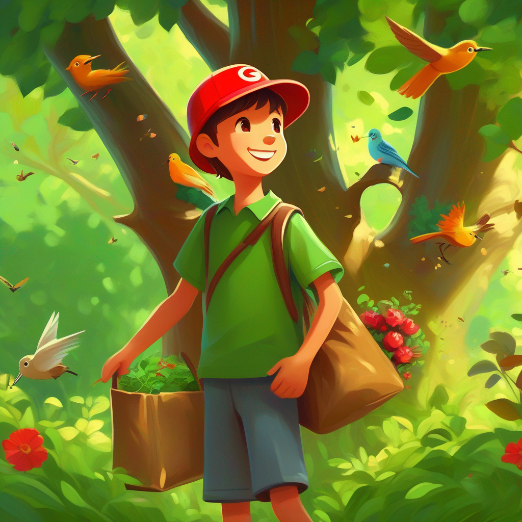 Park transformed, flowers, birds, and children playing, Young boy with red cap, green shirt, holding a recycling bag and Talking tree with a friendly face, brown trunk, green leaves smiling