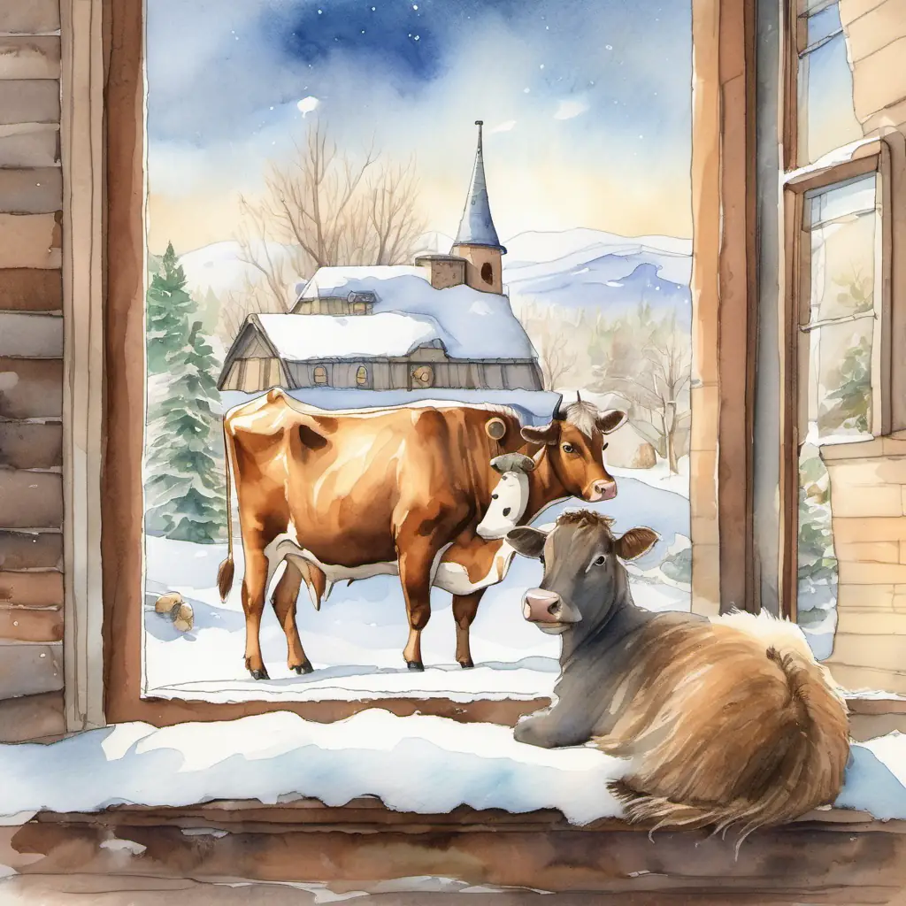 The A big cow with fluffy brown fur and big, kind eyes and the A tiny snail with a brown shell, small eyes, and a happy smile are looking out the window of their cozy home. Outside, they see a tall tower covered in snow, shining brightly.