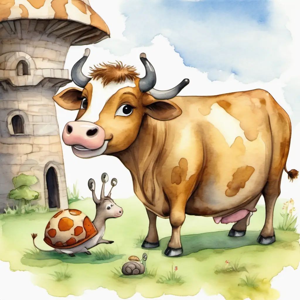 The A big cow with fluffy brown fur and big, kind eyes is happily talking to the A tiny snail with a brown shell, small eyes, and a happy smile, trying to show it the tower. But the A tiny snail with a brown shell, small eyes, and a happy smile, being small and short, can't see the tower from its vantage point.