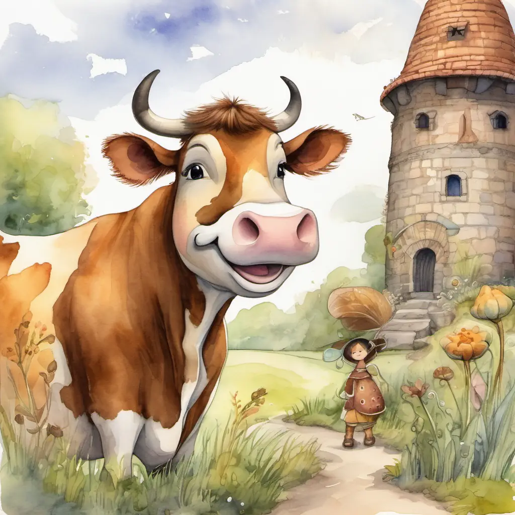 Both the A big cow with fluffy brown fur and big, kind eyes and the A tiny snail with a brown shell, small eyes, and a happy smile are joyfully looking at the tower. They are laughing and having a conversation, imagining all the magical things happening inside the tower. The A tiny snail with a brown shell, small eyes, and a happy smile feels grateful to the A big cow with fluffy brown fur and big, kind eyes for making it possible to experience such beauty.