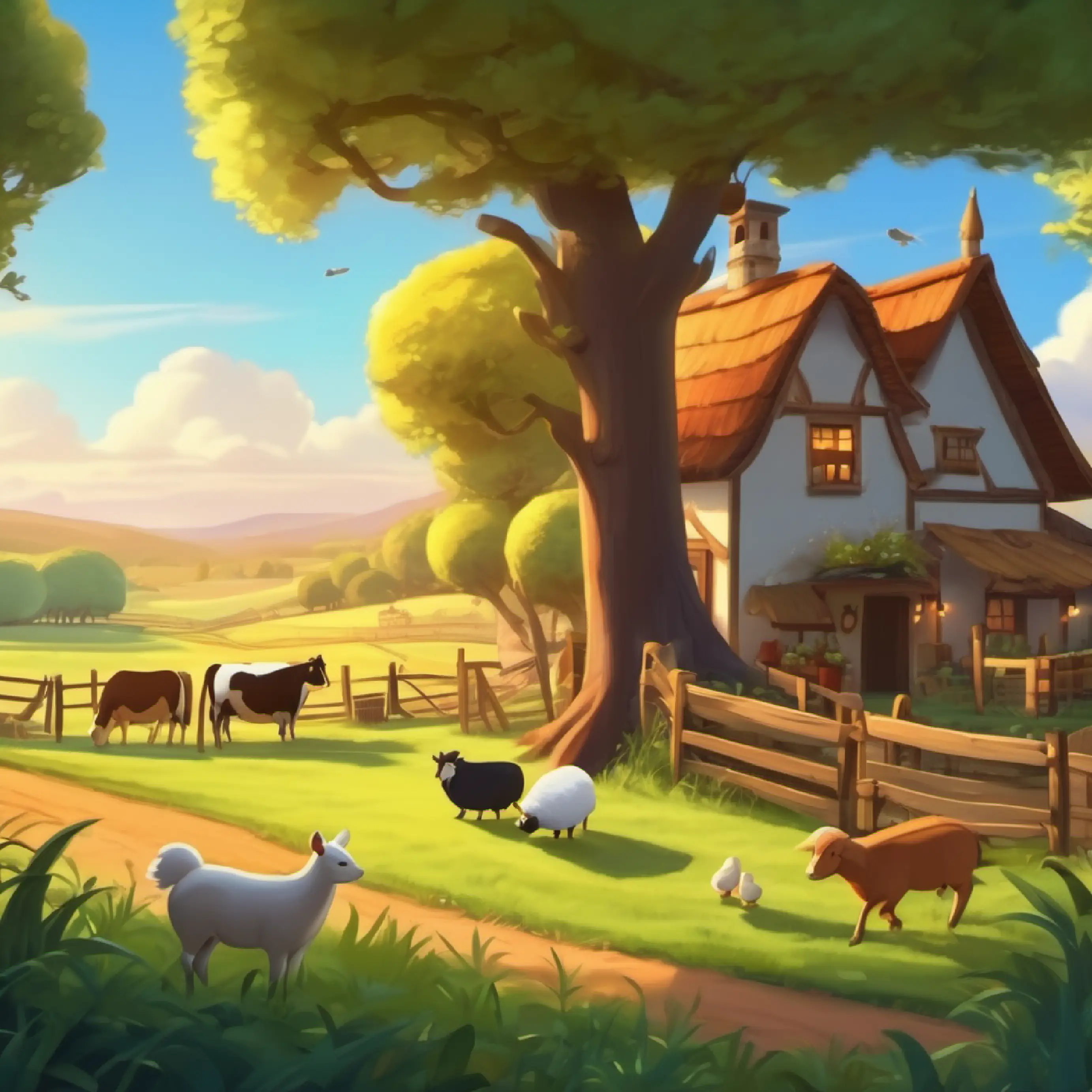 Introducing the farm setting, morning time, animals chatting