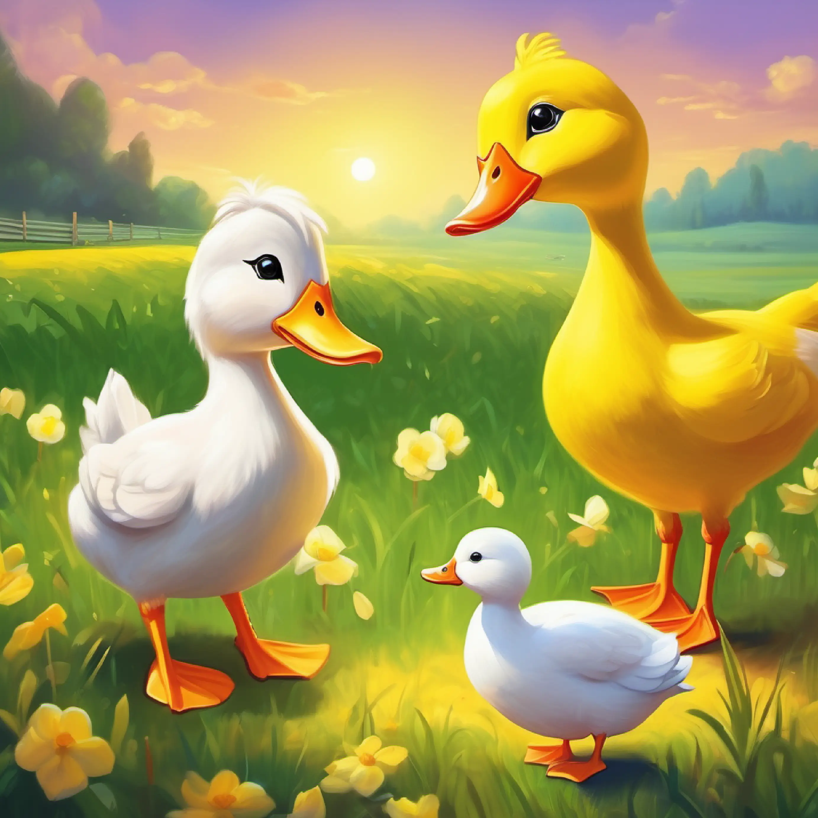 Farm animals enjoy Small yellow duck, hopeful eyes, can't quack normally' beautiful sounds together