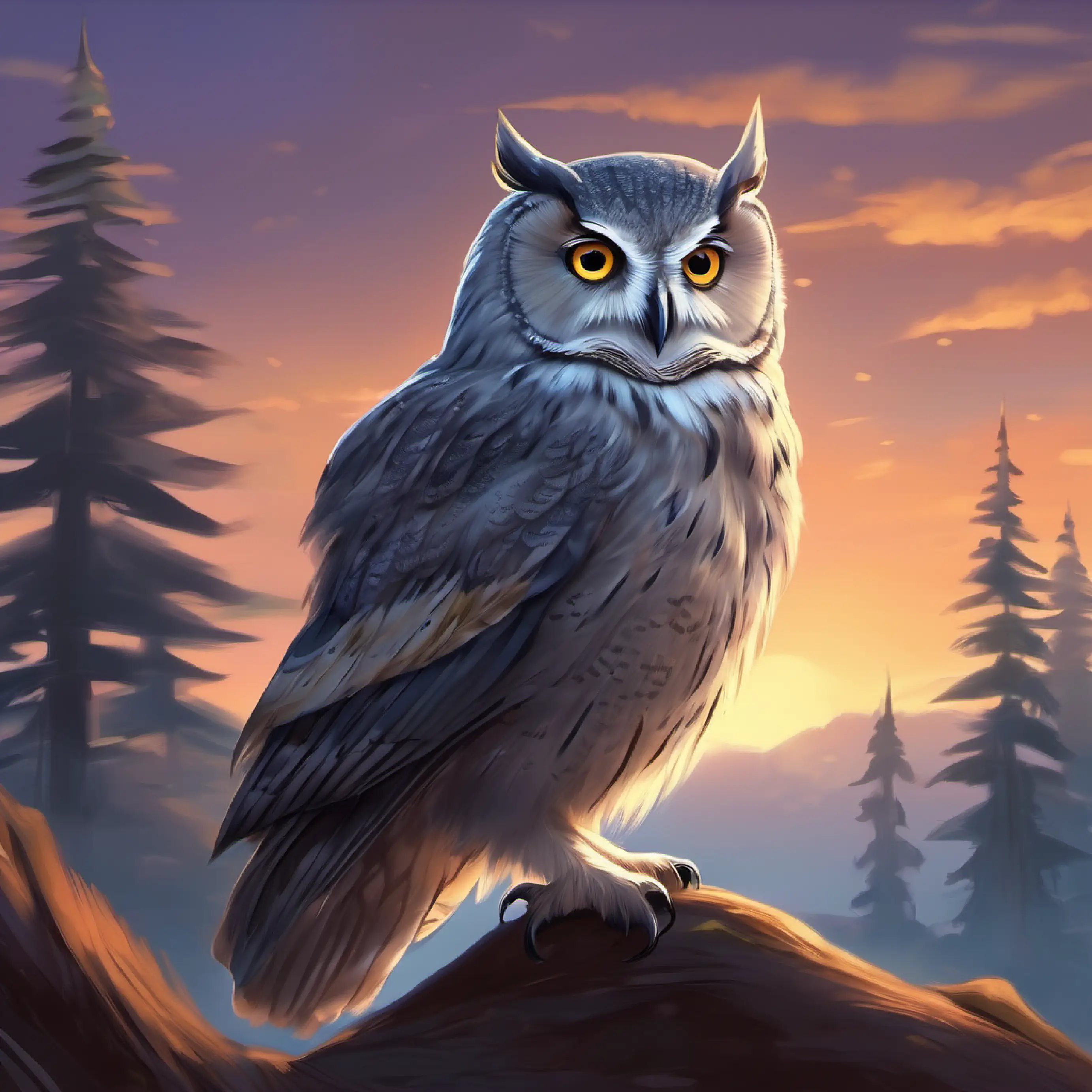 Meeting Old owl, grey feathers, warm wise eyes the wise old owl at twilight