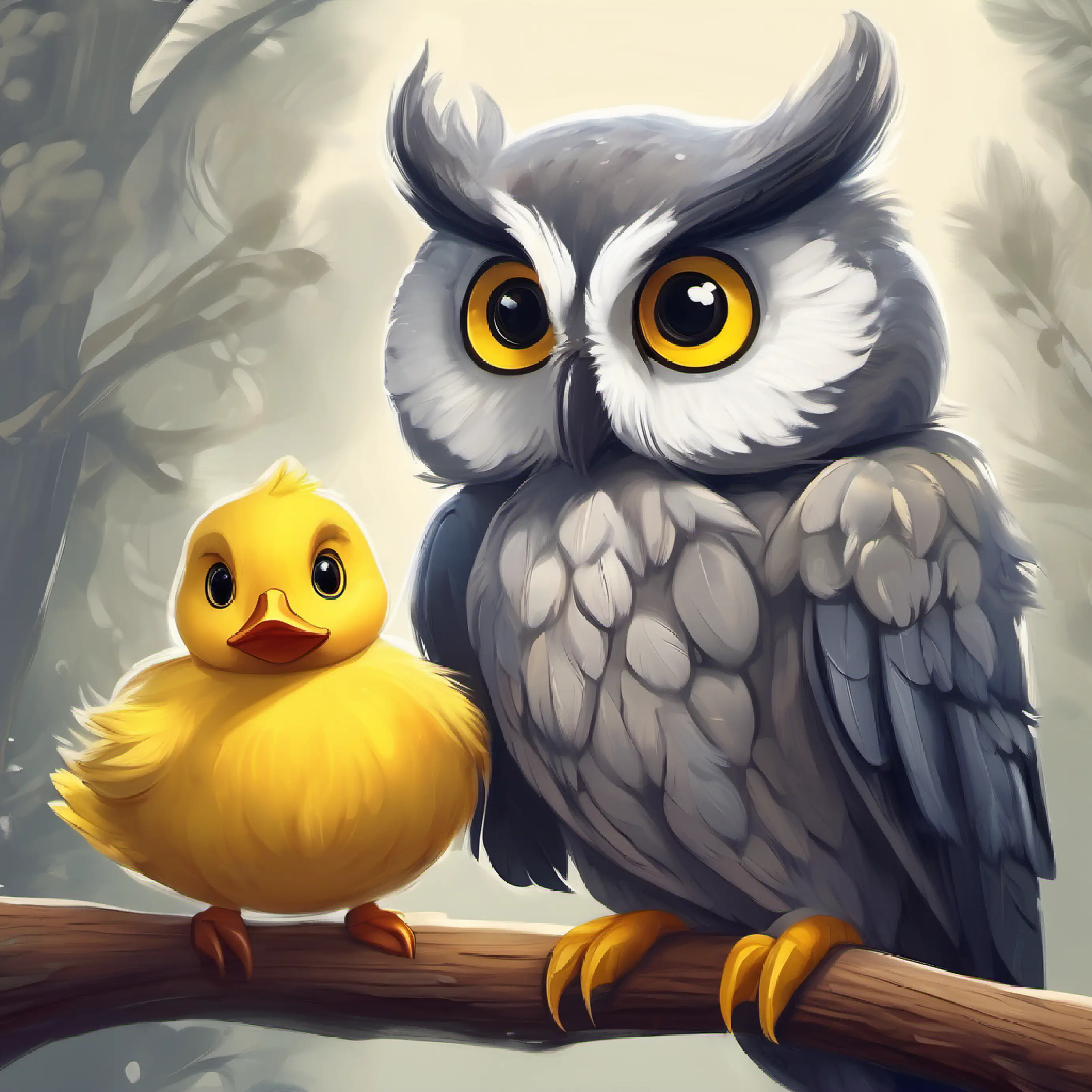 Old owl, grey feathers, warm wise eyes advising Small yellow duck, hopeful eyes, can't quack normally to embrace his differences