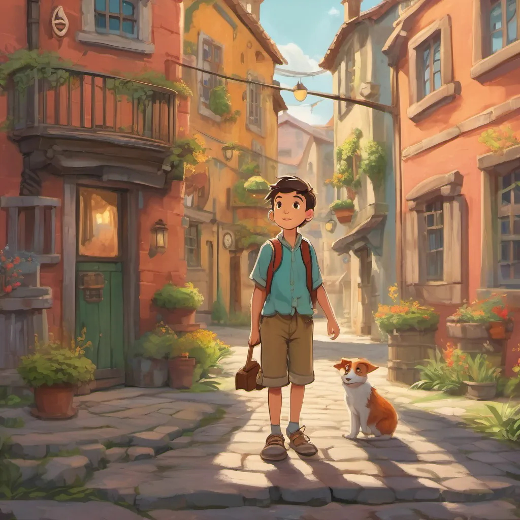 a curious young boy in a quiet town, whimsical like a Dr. Seuss illustration