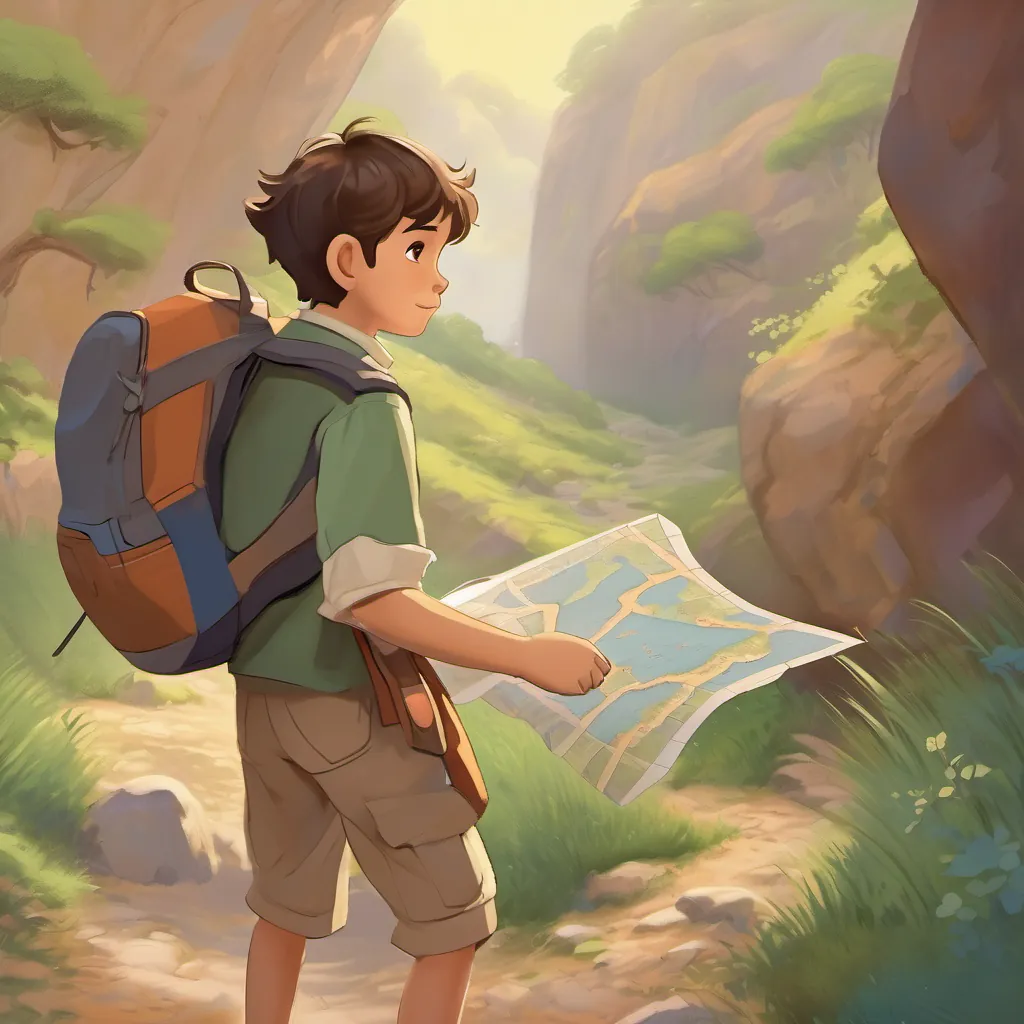 a young boy with a backpack, holding a map, setting off down a dusty trail