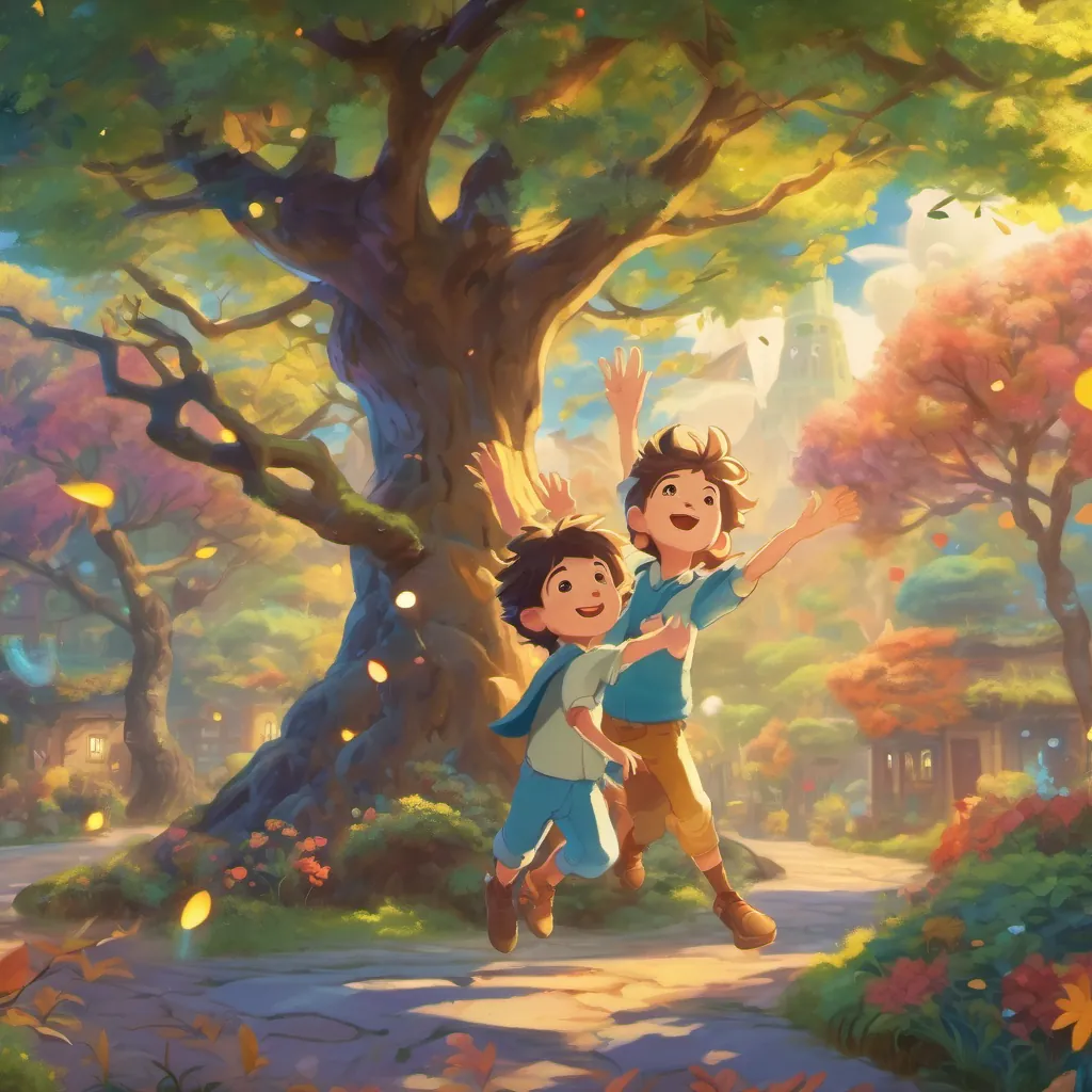 two brothers joyfully dancing and singing under a magical tree, surrounded by whimsical elements