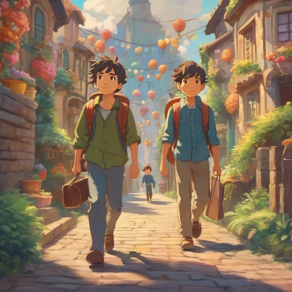 two brothers walking side by side down a whimsical street, filled with magical and playful elements
