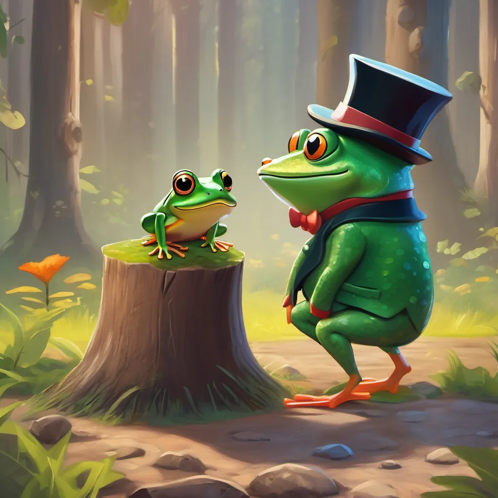 a whimsical frog with a top hat talking to a young boy by a stump