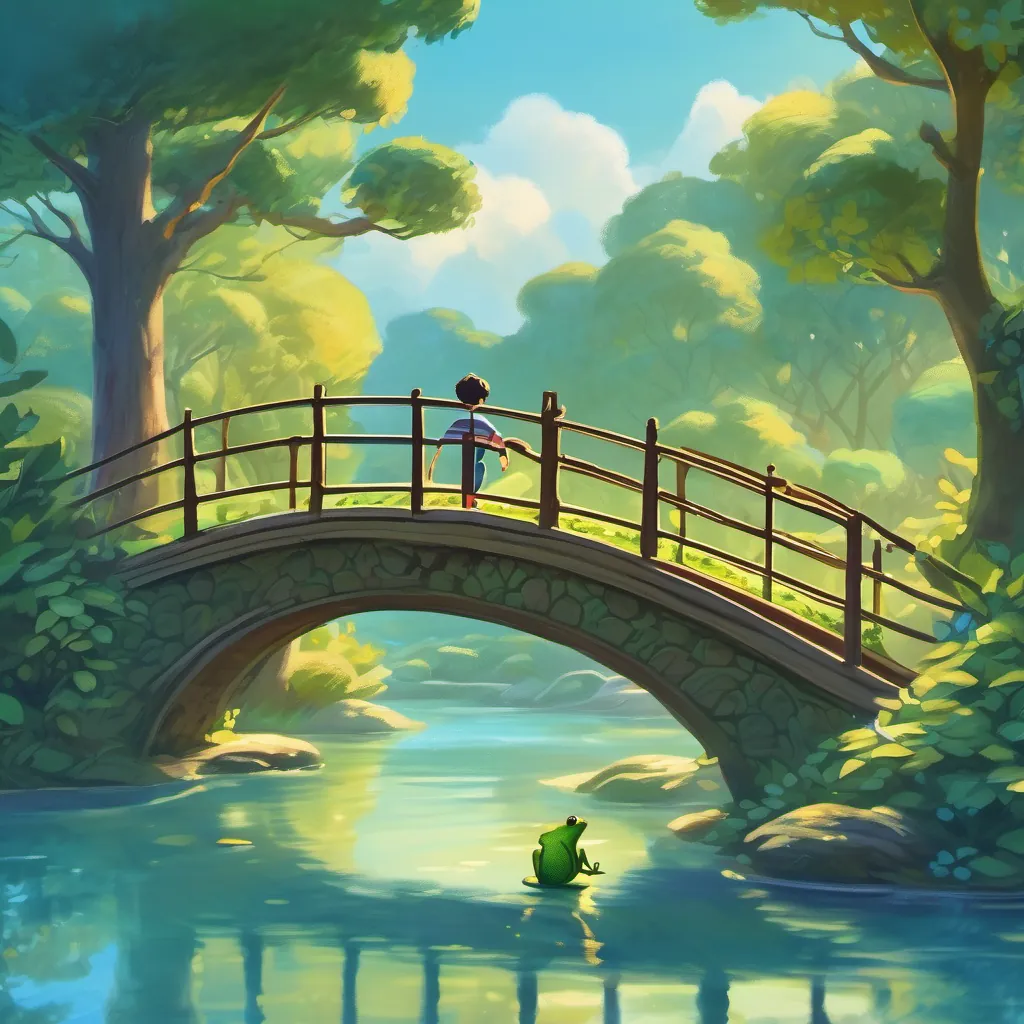 a boy and a frog jumping through trees, approaching a wide blue river with a whimsical bridge sign