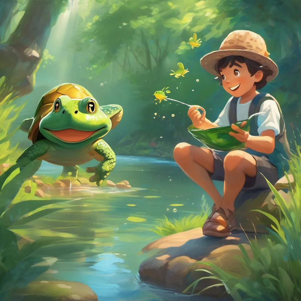 a boy and a frog splashing through a playful river, greeted by a talking turtle with a friendly face