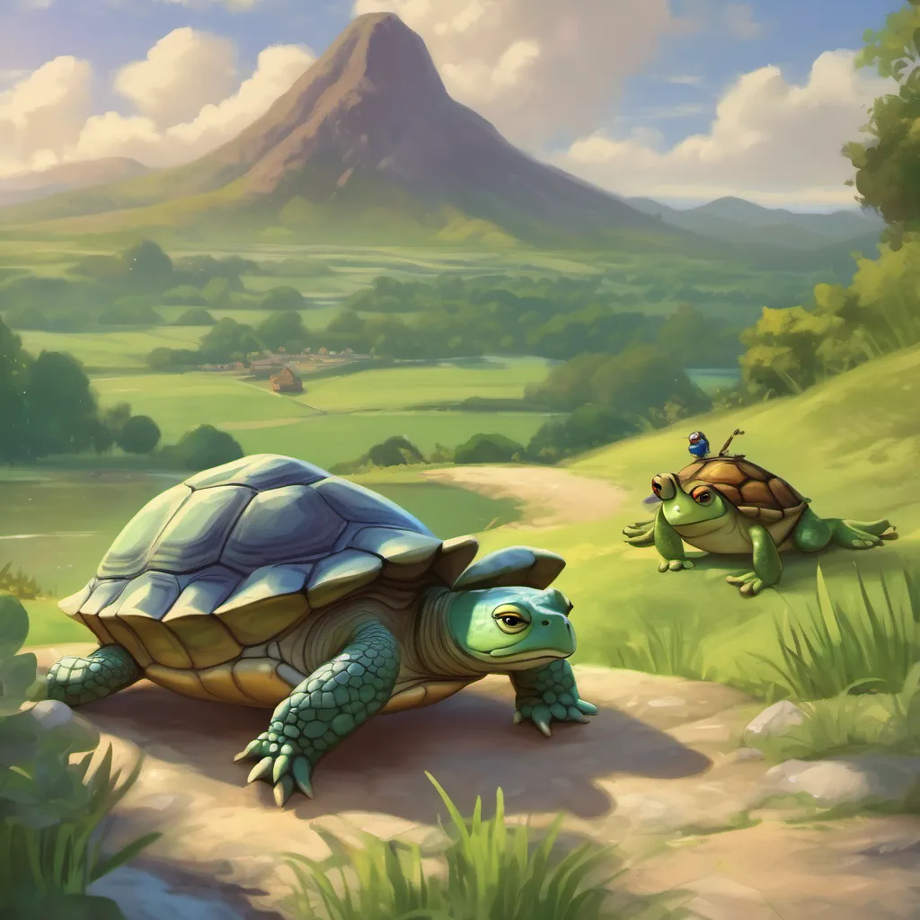 a wise turtle speaking to a boy and a frog, gesturing towards a distant hill
