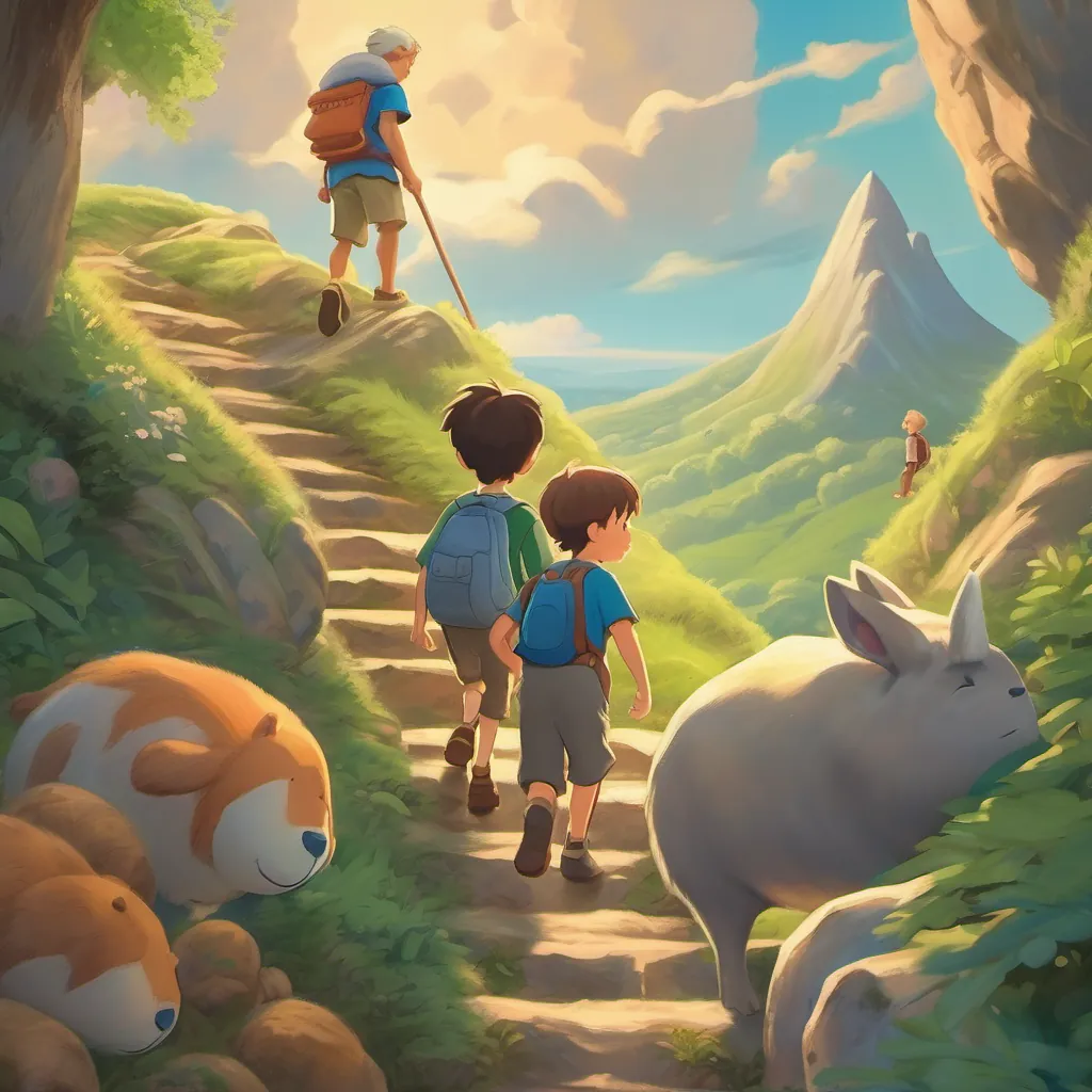 a determined boy and his animal friends climbing a hill to meet a sleepy giant