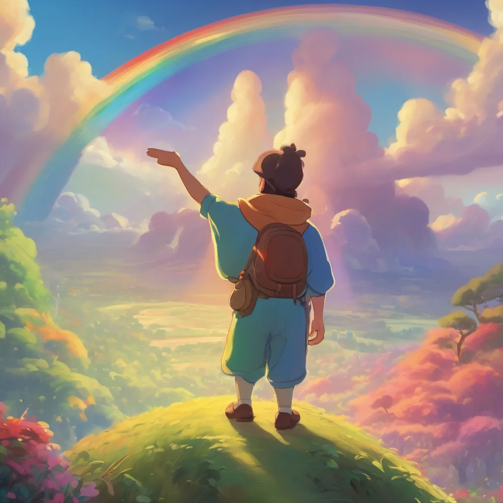 a friendly giant stretching and pointing to a vibrant rainbow in the sky