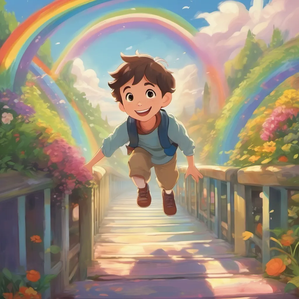 a boy happily stepping onto a magical rainbow bridge, with swirling colors all around