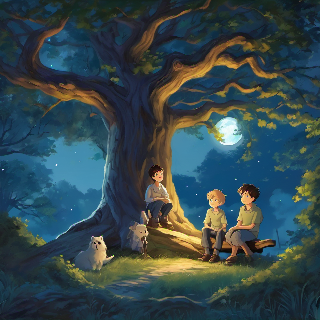 One night, as Ghost and Oliver sat on a branch of the ancient oak tree, they saw a group of children playing in the moonlight. Ghost watched them from a distance and longed to join in their laughter and games. But his fear held him back. 'I wish I could be friends with humans like you, Oliver,' sighed Ghost sadly.